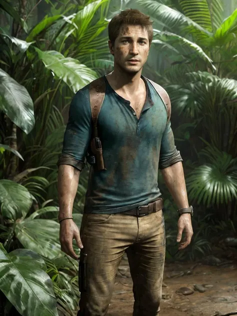 <lora:NateV1:0.7>, close up photo of nateu4, man solo, blue shirt, dirty clothes, dirty face, standing by the waterfall In the jungle, standing, short hair, ((masterpiece)) beautiful background, best illustration, (best quality), (((realistic skin texture))), ((photorealism quality)), high resolution, high detail, (digital art trending on Artstation), ultradetailed, intricate detail