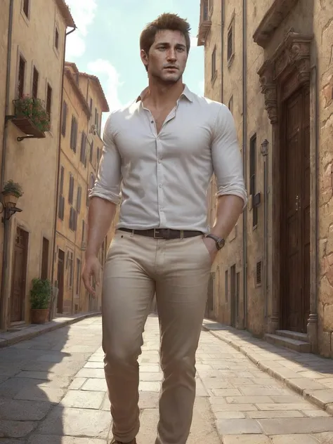 <lora:NateV1:0.7>, photo of nateu4, man solo, brown pants, short hair, white shirt, upper body, stands on a narrow Italian street, Italianate flavor, ((masterpiece)) beautiful background, best illustration, (best quality), (((realistic skin texture))), ((photorealism quality)), high resolution, high detail, (digital art trending on Artstation), ultradetailed, intricate detail