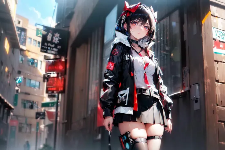 (finely detailed beautiful eyes and detailed face,masterpiece sidelighting,masterpiece,best quality,detailed,high resolution illustration),
(urban techwear, cybernetic background, sunny city),
(1girl,whole body,bishoujo,lustrous skin,looking down,looking at viewer),
(black hair,red eyes,short skirt,ribbon,button shirt)