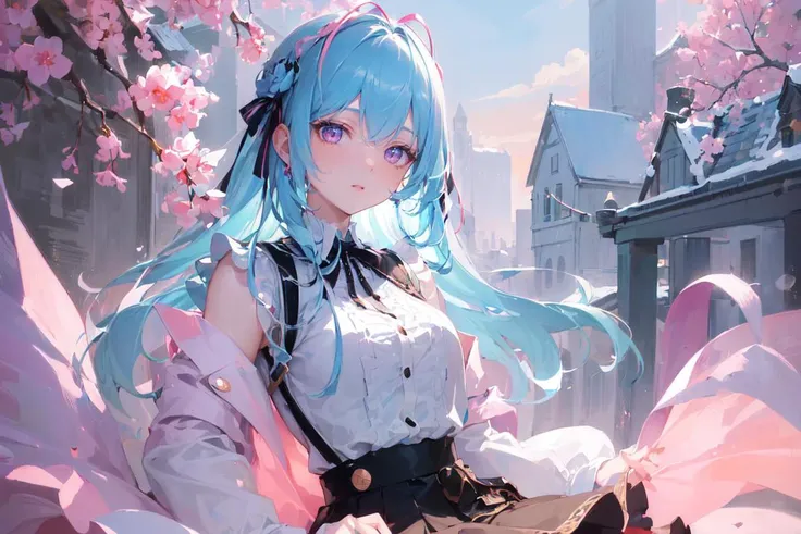 (finely detailed beautiful eyes and detailed face,masterpiece sidelighting,masterpiece,best quality,detailed,high resolution illustration),
(1girl,whole body,bishoujo,lustrous skin,looking down,looking at viewer),
(sky blue hair,pink eyes,short skirt,ribbon,button shirt)