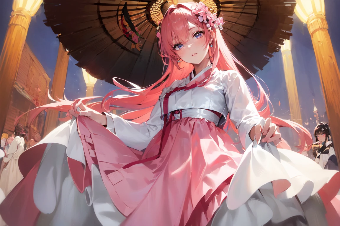(finely detailed beautiful eyes and detailed face,masterpiece sidelighting,masterpiece,best quality,detailed,high resolution illustration),
(1girl,whole body,bishoujo,lustrous skin,looking down,looking at viewer),
(pink hair,blue eyes,ribbon,hanbok, korean clothes), (clothed_underbust:1.2),underboob,<lora:E_Hanbok_LoRA_V2:0.7>
