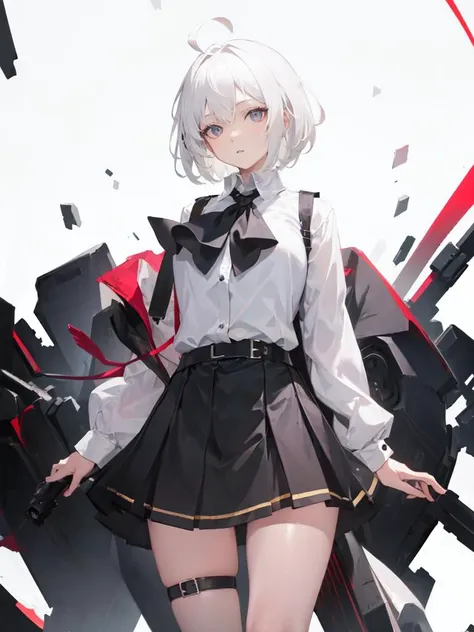 ((masterpiece, best quality)), (1girl), (solo), (female focus), (ahoge, white hair, short hair), black eyes, ((white shirt), (buttoned shirt)), ((black skirt), (short skirt)), standing, white background, arms behind back,