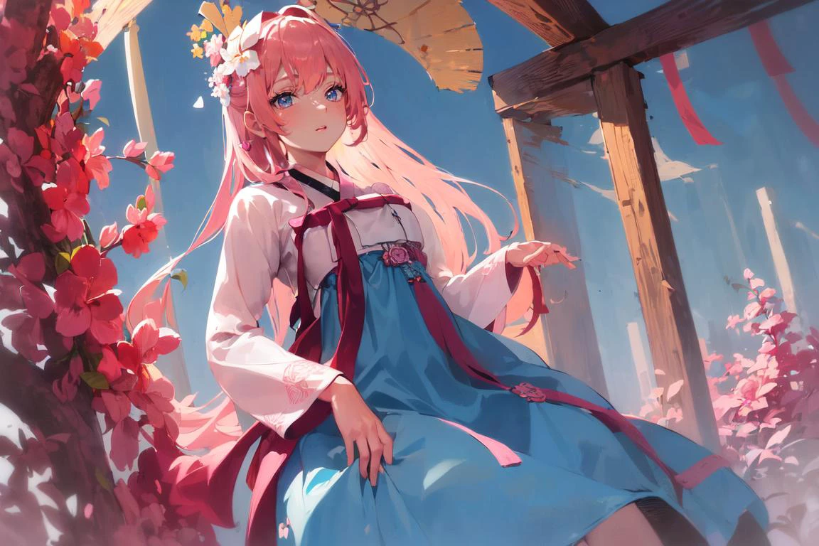 (finely detailed beautiful eyes and detailed face,masterpiece sidelighting,masterpiece,best quality,detailed,high resolution illustration),
(1girl,whole body,bishoujo,lustrous skin,looking down,looking at viewer),
(pink hair,blue eyes,ribbon,hanbok, korean clothes), (clothed_underbust:1.2),underboob,<lora:E_Hanbok_LoRA_V2:0.7>