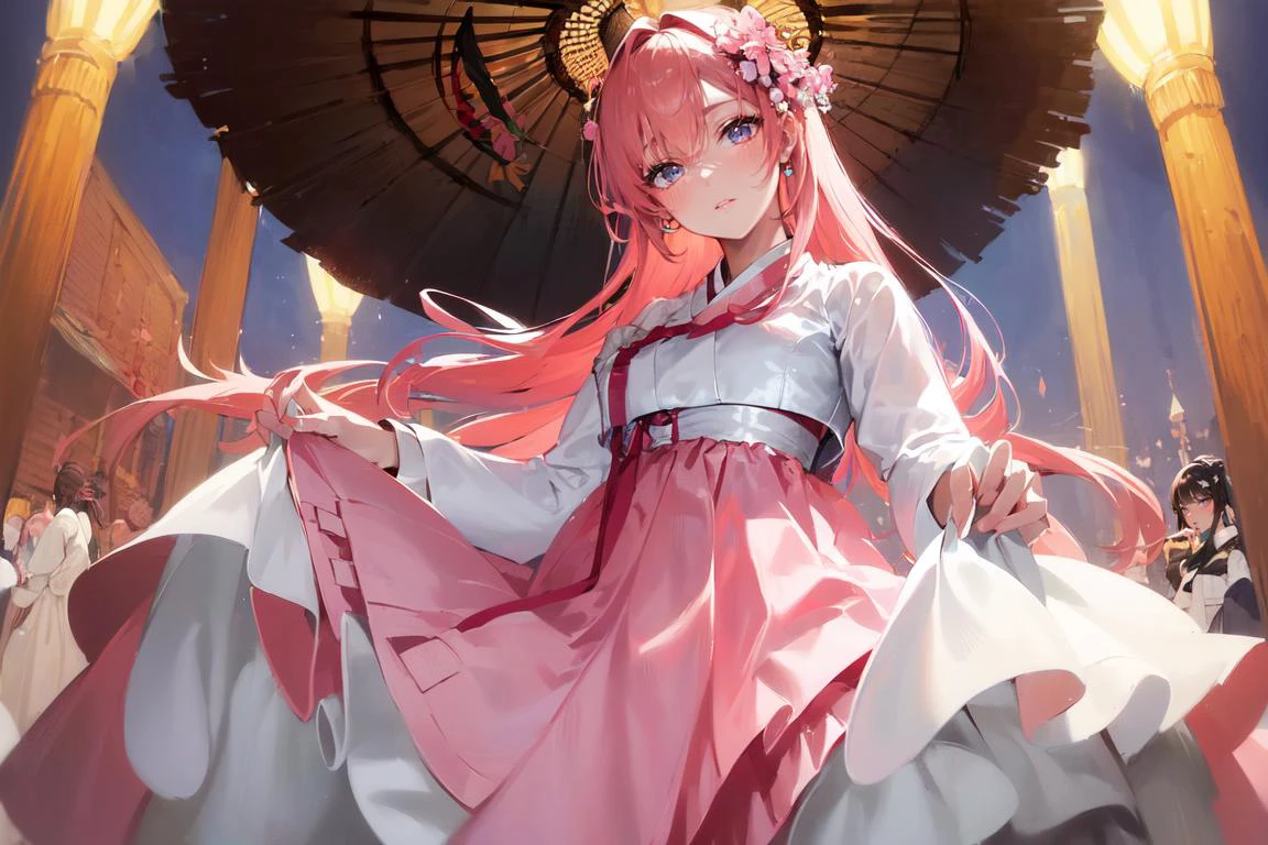 (finely detailed beautiful eyes and detailed face,masterpiece sidelighting,masterpiece,best quality,detailed,high resolution illustration),
(1girl,whole body,bishoujo,lustrous skin,looking down,looking at viewer),
(pink hair,blue eyes,ribbon,hanbok, korean clothes), (clothed_underbust:1.2),underboob,<lora:E_Hanbok_LoRA_V2:0.7>