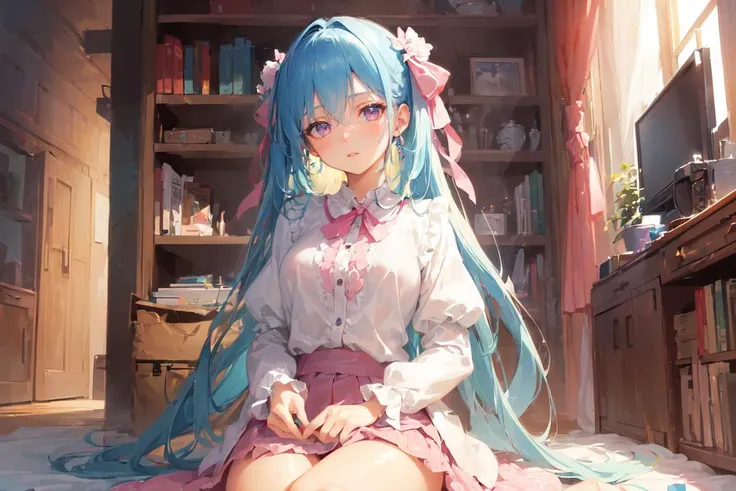 (finely detailed beautiful eyes and detailed face,masterpiece sidelighting,masterpiece,best quality,detailed,high resolution illustration),
(1girl,whole body,bishoujo,lustrous skin,looking down,looking at viewer),
(sky blue hair,pink eyes,short skirt,ribbon,button shirt)