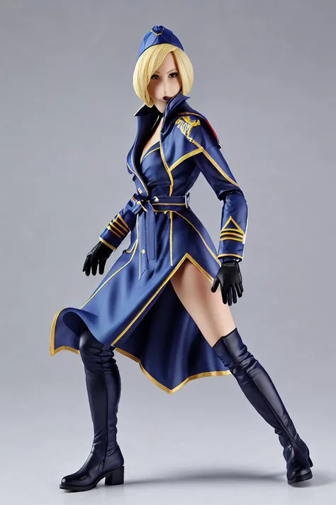 best quality, 1girl, solo, detail face, actionauf, Lovely Small Breasts, upper Body , looking at viewer, from below, <lora:Falke:1>, falkems, hat, fingerless gloves, thighhighs, garrison cap, blue footwear, thigh boots