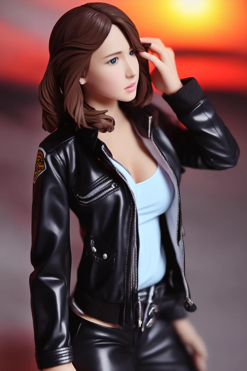 1girl, solo, jacket, actionauf, portrait, Volumetric Lighting,  Depth of Field, Portrait , Petite, Lovely Small Breasts,  upper Body ,  Looking At Other,   Brilliant Colorful Paintings, cartercruise, looking at viewer,
