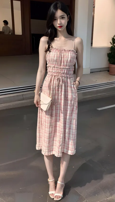 <lora:Beautiful_Dress:0.65>,(printed plaid dress),(bare shoulders),1 girl,(full body),(stiletto heels),(short hair:1.1),(realistic:1.7),((best quality)),absurdres,(ultra high res),(photorealistic:1.6),photorealistic,octane render,(hyperrealistic:1.2), (photorealistic face:1.2), (8k), (4k), (Masterpiece),(realistic skin texture), (illustration, cinematic lighting,wallpaper),( beautiful eyes:1.2),((((perfect face)))),(cute),(standing),(smile:0.9),(black hair),(long hair),black eyes,red lips, (outdoors), <lora:koreanDollLikeness_v15:0.4>,