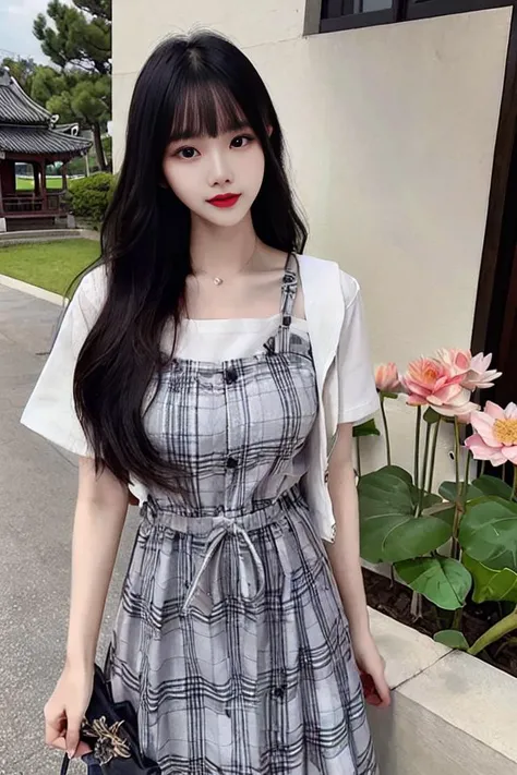 best quality, ultra-detailed, masterpiece, finely detail, highres, 8k wallpaper, Realistic details, clothing details, skin details, photoshop \(medium\),Slim body,1girl, 22 years old, beautiful eyes, real skin, fine face, bangs, long hair, black hair, blunt bangs, large breasts, Lotus flowers, ponds, East Asian architecture,<lora:koreanDollLikeness_v15:0.4>, <lora:new_CNgirls:0.3>, <lora:JapaneseDollLikeness_v15:0.2>,<lora:TaiwanDoll:0.2>,(ulzzang-6500-v1.1:0.5), <lora:Beautiful_Dress:0.45>,printed plaid dress,