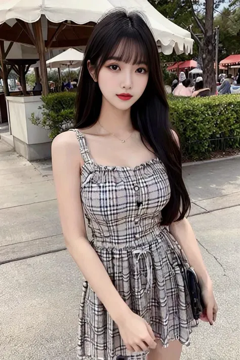 best quality, ultra-detailed, masterpiece, finely detail, highres, 8k wallpaper, Realistic details, clothing details, skin details, photoshop \(medium\),Slim body,1girl, 22 years old, beautiful eyes, real skin, fine face, bangs, long hair, black hair, blunt bangs, large breasts, amusement park,<lora:koreanDollLikeness_v15:0.4>, <lora:new_CNgirls:0.3>, <lora:JapaneseDollLikeness_v15:0.2>,<lora:TaiwanDoll:0.2>,(ulzzang-6500-v1.1:0.5), <lora:Beautiful_Dress:0.45>,printed plaid dress,