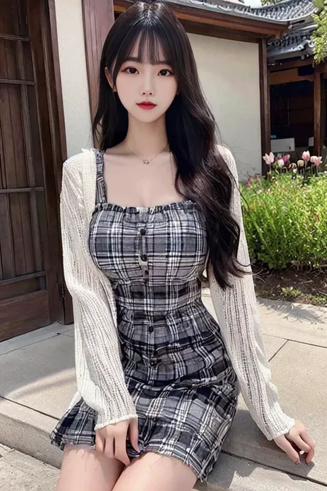 best quality, ultra-detailed, masterpiece, finely detail, highres, 8k wallpaper, Realistic details, clothing details, skin details, photoshop \(medium\),Slim body,1girl, 22 years old, beautiful eyes, real skin, fine face, bangs, long hair, black hair, blunt bangs, large breasts, Lotus flowers, ponds, East Asian architecture,<lora:koreanDollLikeness_v15:0.4>, <lora:new_CNgirls:0.3>, <lora:JapaneseDollLikeness_v15:0.2>,<lora:TaiwanDoll:0.2>,(ulzzang-6500-v1.1:0.5), <lora:Beautiful_Dress:0.45>,printed plaid dress,
