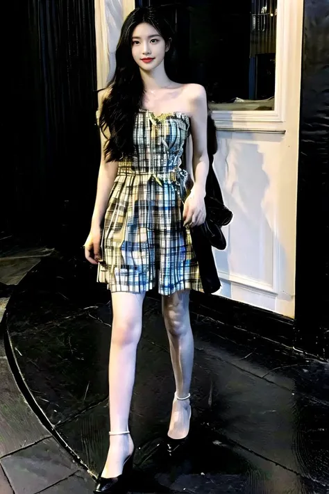 <lora:Beautiful_Dress:0.65>,(printed plaid dress), (bare shoulders),1 girl,(full body),(stiletto heels),(short hair:1.1),(realistic:1.7),((best quality)),absurdres,(ultra high res),(photorealistic:1.6),photorealistic,octane render,(hyperrealistic:1.2), (photorealistic face:1.2), (8k), (4k), (Masterpiece),(realistic skin texture), (illustration, cinematic lighting,wallpaper),( beautiful eyes:1.2),((((perfect face)))),(cute),(standing),(smile:0.9),(black hair),(long hair),black eyes,red lips, (outdoors),(pureerosface_v1:0.5), (ulzzang-6500-v1.1:0.5),<lora:henrendadi:0.8>,<lora:ChineseDollLikenessV3.0:0.5>,<lora:koreandolllikenessV20_v20:0.3>,<lora:taiwanDollLikeness_v20:0.3>,<lora:flat2:-1>,