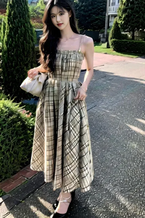 <lora:Beautiful_Dress:0.65>,(printed plaid dress), (bare shoulders),1 girl,(full body),(stiletto heels),(short hair:1.1),(realistic:1.7),((best quality)),absurdres,(ultra high res),(photorealistic:1.6),photorealistic,octane render,(hyperrealistic:1.2), (photorealistic face:1.2), (8k), (4k), (Masterpiece),(realistic skin texture), (illustration, cinematic lighting,wallpaper),( beautiful eyes:1.2),((((perfect face)))),(cute),(standing),(smile:0.9),(black hair),(long hair),black eyes,red lips, (outdoors),(pureerosface_v1:0.5), (ulzzang-6500-v1.1:0.5),<lora:ChineseDollLikenessV3.0:0.5>,<lora:flat2:-1>,