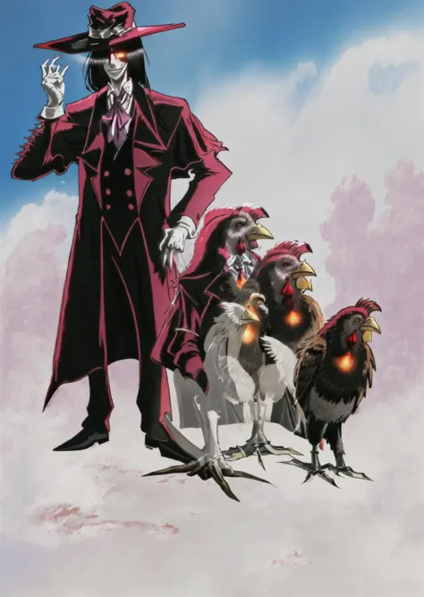 masterpiece, best quality, alucard, <lora:alucardserasintegra:0.8>, Chicken, distinctive, <lora:Animorphs4-40:1>