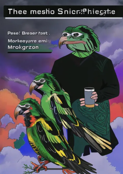 masterpiece, best quality, pepe_frog,  <lora:pepe_frog:0.8>, Amazon parrot, moody, <lora:Animorphs4-40:1>