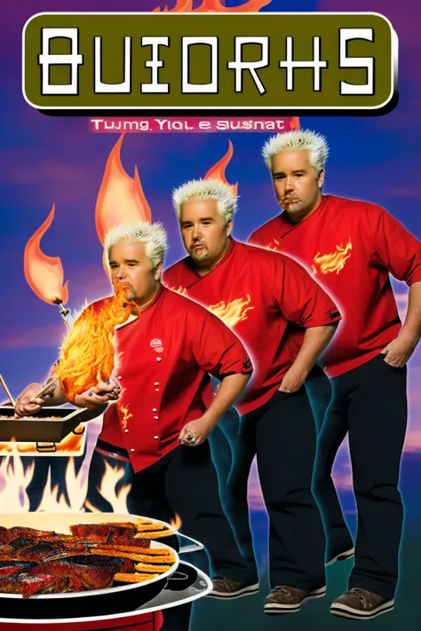 <lora:guyfieri_v1:0.7> guyfieri man, <lora:Animorphs-V1.0:1> animorphs, man turning into a fire elemental, efreeti, fire, bbq, blonde hair,