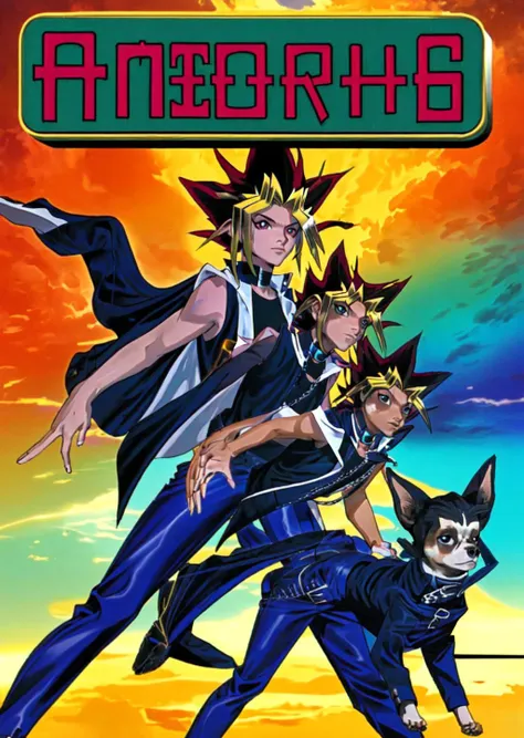 animorphs, yugi muto, black hair,  jacket on shoulders, sleeveless shirt, blue pants,  <lora:yugiMuto_v10:0.8> turning into a Chihuahua,  <lora:Animorphs-09:1>