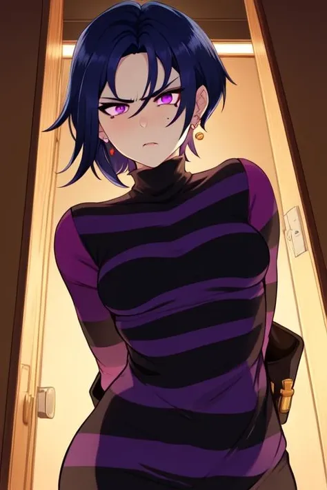 TakHuman,  short blue hair, mole under eye,  small earrings,  purple eyes,  serious look,   standing, upper body, 
TakClothes,striped sweater, turtleneck, pelvic curtain,  strapped boots, 
dark lab, purple lighting, lab tech, 
(insanely detailed, beautiful detailed face, masterpiece, best quality)   <lora:TakHuman:0.7>