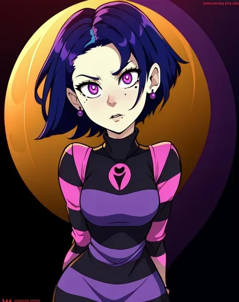 TakHuman, short blue hair, small earrings, purple eyes, mole under eye, 
standing,  owboy shot, 
striped dress with logo, turtleneck, pelvic curtain, 
dark lab, purple lighting, lab tech,
(insanely detailed, beautiful detailed face,beautiful detailed eyes, masterpiece, best quality) 
 <lora:TakHuman-10v6:0.9>