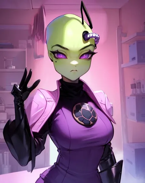 TakAlien,purple eyes , antennae ,mole under eye , pipe on forehead,
standing, upper body,
pelvic curtain, black gloves, turtle neck, pink shoulder pads, long sleeves,
dark lab, purple lighting, lab tech,
(insanely detailed, beautiful detailed face,beautiful detailed eyes, masterpiece, best quality)
<lora:TakAlien-10v6:0.9>