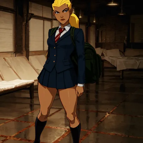 zoomed out, full body portrait
<lora:Artemis_YJ:0.8> artemis crock \(young justice\), (sfw). ultra realistic, best quality, extremely detailed clothing fabric, extremely detailed face, perfect lighting, ultra-high res, 8K UHD, 1girl, well-toned, medium sized breasts, blonde hair, black eyes, ponytail, schoolgirl outfit, tie, skirt, standing, arms by side, confident expression, backpack