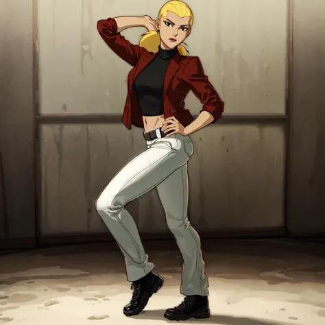 zoomed out, full body portrait
<lora:Artemis_YJ:0.7> artemis crock \(young justice\), (sfw). ultra realistic, best quality, extremely detailed clothing fabric, extremely detailed face, perfect lighting, ultra-high res, 8K UHD, 1girl, well-toned, medium sized breasts, midriff, blonde hair, black eyes, ponytail, (black turtleneck), brown jacket, white pants, standing, posing, (shy expression), right holding back of head