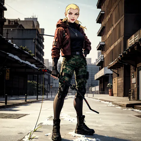 (original: 1.2), (far shot), (realistic: 1.3), masterpiece, best quality, beautiful clean face, fullbody, 1girl, young woman, Artemis Crock \(young justice\) wearing brown techwear jacket , black turtleneck, (snow-camo pants with buckle and tape), (arrow-shaped necklace), posing for a picture, (blonde hair in ponytail), long legs, big happy warm smile, on the street, (holding a bow:1.2)
<lora:techwear jacket, with buckle and tape, tactical vest:0.6>, <lora:Artemis_YJ:0.6>