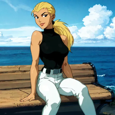 zoomed out, full body portrait, ocean in background, <lora:esthetic90sStyle_v12R 1990s (style):0.6>
<lora:Artemis_YJ:0.5> artemis crock \(young justice\), 90s style, (sfw). ultra realistic, best quality, extremely detailed clothing fabric, extremely detailed face, perfect lighting, ultra-high res, 8K UHD, 1girl, well-toned, medium sized breasts, blonde hair, black eyes, ponytail, black turtleneck, white pants, sitting on bench, looking at viewer, smiling