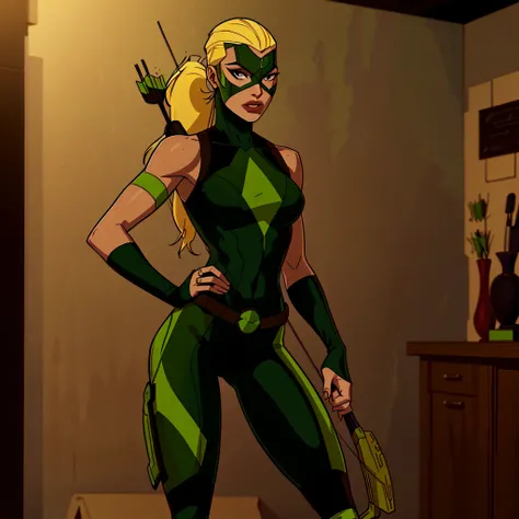 (full body portrait), (masterpiece:1.2), best quality, beautiful clean face, fullbody, 1girl, Artemis Crock \(young justice\), (blonde hair in long ponytail), long legs, young woman posing with bow, green costume, arrow logo, mask, (holding bow), arrow quiver on back
<lora:Artemis_YJ:0.6>