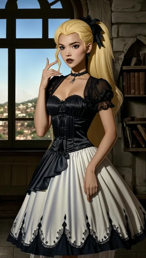 (cowboy shot), sfw, (masterpiece), (best quality:1.0), (ultra highres:1.0), detailed eyes
BREAK
<lora:ArtemisYJ-000009:0.8>ArtemisYJ, 1girl, ponytail
<lyco:Gothgal,ballgown:0.8> Gothgal,ballgown,runny makeup, see through clothing, lace, embroidery, choker
BREAK
(castle, gothic, indoors, gorgeous view)