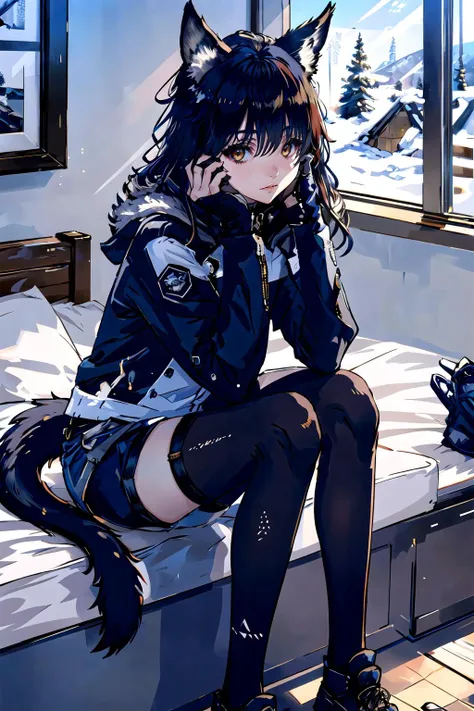 rannou75, 1girl, adult, 21 years old, mature female, solo, long hair, looking at viewer, bangs, black hair, gloves, long sleeves, animal ears, hair between eyes, brown eyes, sitting, jacket, tail, pantyhose, red hair, food, shoes, shorts, black gloves, fingerless gloves, black footwear, animal ear fluff, black pantyhose, short shorts, capelet, animal, black shorts, cat, wolf ears, white jacket, head rest, black capelet, indoors
<lora:rannou75_v01-10_ironbook [rannou75] [simlpe background, caustics] (style):1>