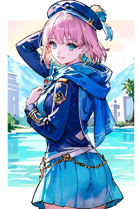 rannou75, 1girl, adult, 21 years old, mature female, solo, smile, pink lips, aqua eyes, blue beret, blonde hair, closed mouth, earrings, hat, gem earrings, jewelry, looking at viewer, skirt, shirt, blue cape, short hair, solo, cowboy shot, hands behind head
<lora:rannou75_v01-10_ironbook [rannou75] [simlpe background, caustics] (style):1>