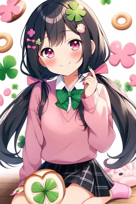 MARUMOCHI,1girl, hair ornament, clover, bow, twintails, smile, stuffed toy, green bow, solo, clover hair ornament, long hair, four-leaf clover, stuffed animal, green nails, black hair, hairclip, shirt, skirt, low twintails, doughnut, bangs, collared shirt, white shirt, stuffed bunny, plaid, long sleeves, food, bowtie, looking at viewer, pink bow, four-leaf clover hair ornament, hair bow, nail polish, sweater, blush, pink eyes,