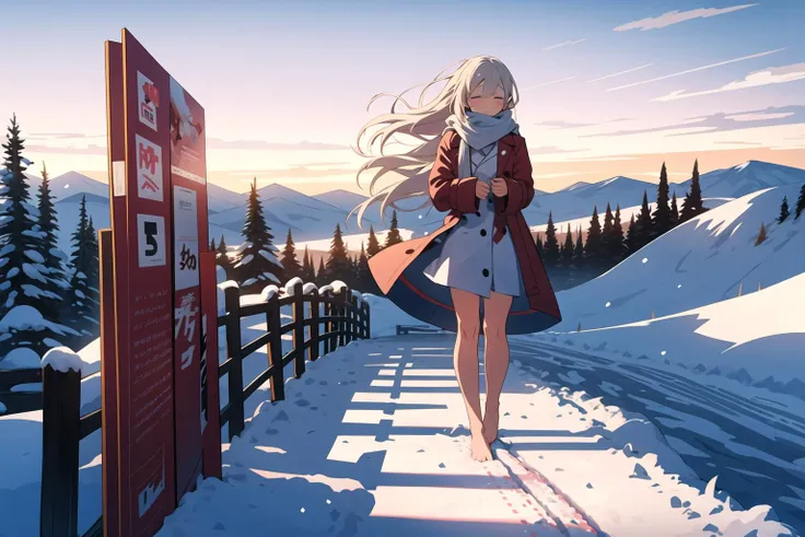 In the snow all over the sky, a girl walking alone in the snow, wearing red thin trench coat, with a white scarf, Bare legs, bare feet, Holding her body tightly,
her head bowed, her eyes closed, her mouth pressed together, and she was about to cry, Long white hair blows in the wind, The detailed and beautiful face was depressed,
step by step, behind is a series of footprints, the snow is very big, the biting wind blowing her scarf, the distance is unbroken snow mountains, in this evening, helpless forward.