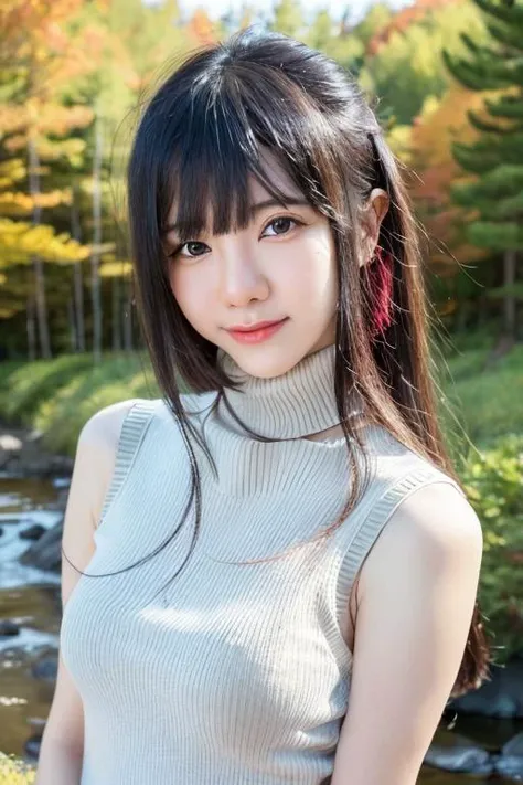 1girl,(wearing a sleeveless turtleneck sweater:1.2),(RAW photo, best quality), (realistic, photo-realistic:1.4), masterpiece, an extremely delicate and beautiful, extremely detailed, 2k wallpaper, Amazing, finely detail, extremely detailed CG unity 8k wallpaper, ultra-detailed, highres, soft light, beautiful detailed girl, extremely detailed eyes and face, beautiful detailed nose, beautiful detailed eyes,cinematic lighting,in a beautiful forest of pine trees at a Japanese countryside,autumn scenery,maple trees in autumn,by a small rocky river,perfect anatomy,slender body,smiling,<lora:sallydorasnow_lora:0.8>