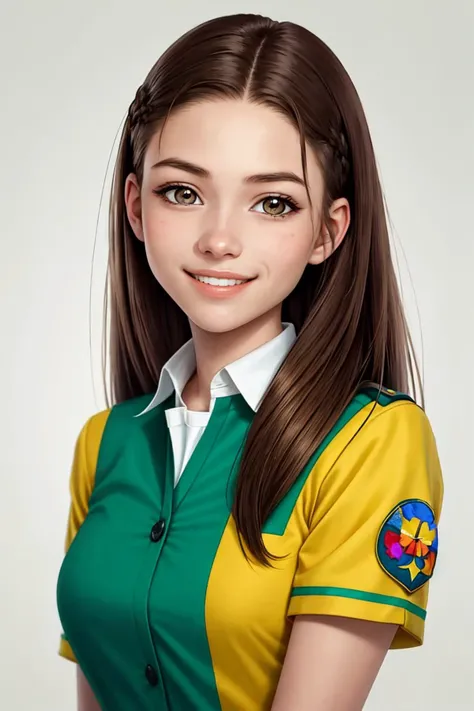 portrait photo of <lora:EvelinAndras_v1:.9> EvelinAndras, focus on smiling face, wearing a girl scout uniform , her hair is styled as Straight Sleek and Straight,
