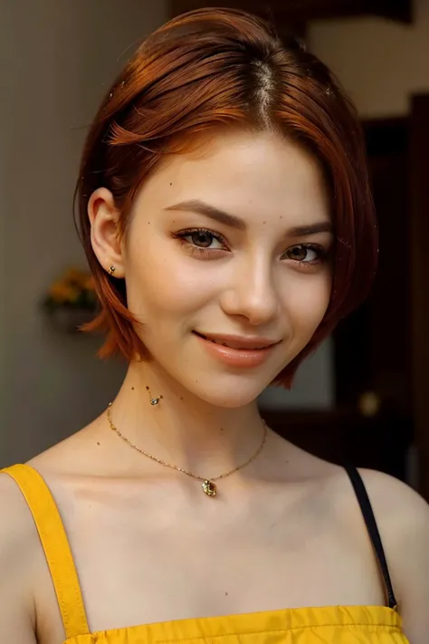 <lora:EvelinAndras_v1:.9> EvelinAndras, focus on eyes, close up on face, smiling, wearing jewelry, Saffron color hair styled short choppy hair