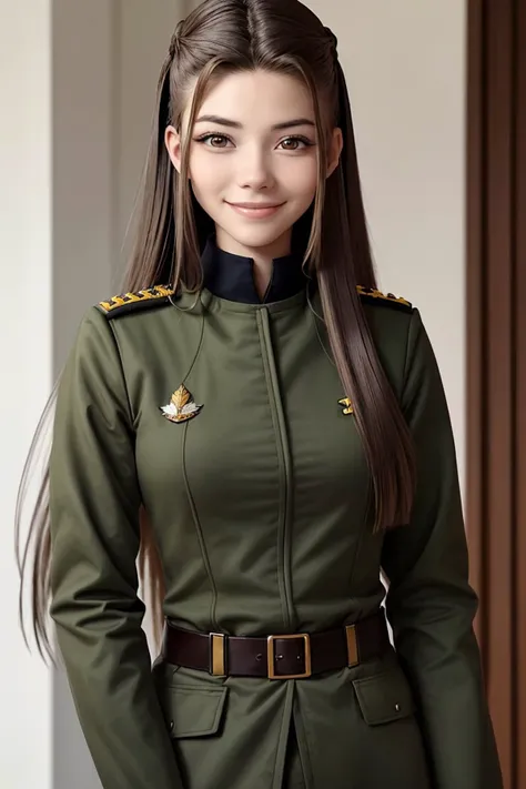 upper body photo of <lora:EvelinAndras_v1:.9> EvelinAndras, focus on smiling face, wearing a military uniform , her hair is styled as Straight Long Layers,