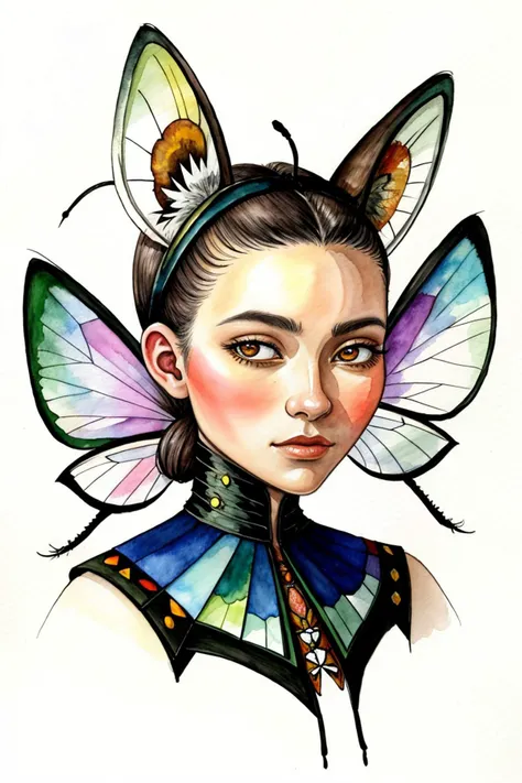 an extremely detailed, intricate watercolor painting of <lora:EvelinAndras_v1:.9> EvelinAndras with ant antenna on her head, she has multifaceted eyes, she has insect wings for ears