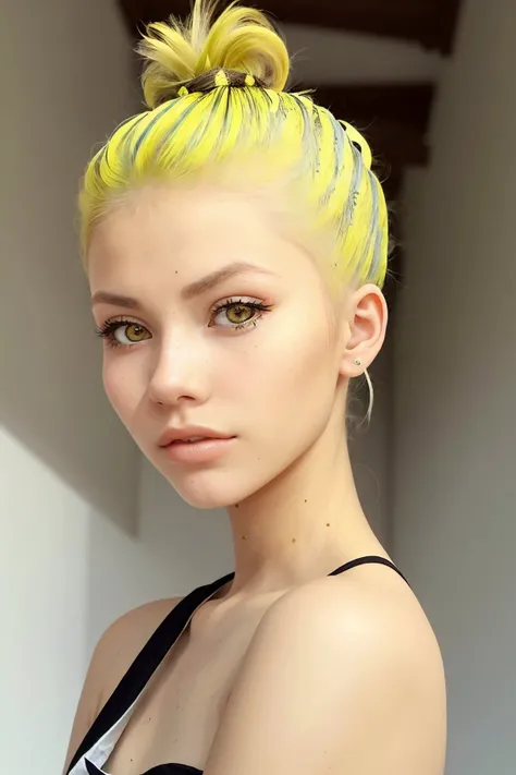 <lora:EvelinAndras_v1:.9> EvelinAndras, focus on eyes, close up on face, lemon color hair styled messy bun hair
