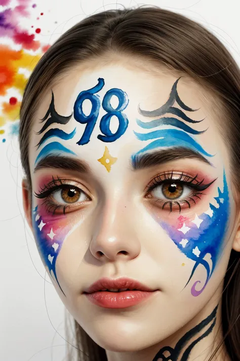 (watercolor painting:1.2) of <lora:EvelinAndras_v1:.9> EvelinAndras, close up on face, focus on eyes, (numerology face paint:1.2)