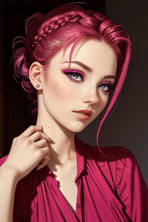 <lora:EvelinAndras_v1:.9> EvelinAndras, focus on eyes, close up on face, wearing jewelry, deep fuchsia color hair styled braided updo hair