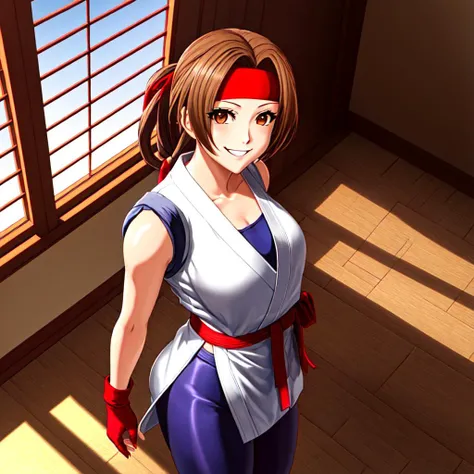 <lora:Yuri:0.9>, (long shot:1.5), (high angle:1.3),full body, (full shot:2), YURIMS from king of fighters inside a japanese dojo, SPANDEX, GLOVES,FINGERLESS GLOVES, LEGGINGS, red headband, smiling face, detailed face, detailed eyes, sketch art, natural light, sunrise, ((anime)), sexy vibes