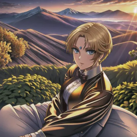 <lora:King2000_t8-000023:1.0> KOFKing girl wearing KOF2kOutfit, photoshoot, best quality, mountain, sitting, seductive pose, great view, vista,((anime)), depth of field, masterpiece, best quality, detailed face, detailed eyes, natural light, sunset, <lora:Fra_AriesArmor_V13:1.0>