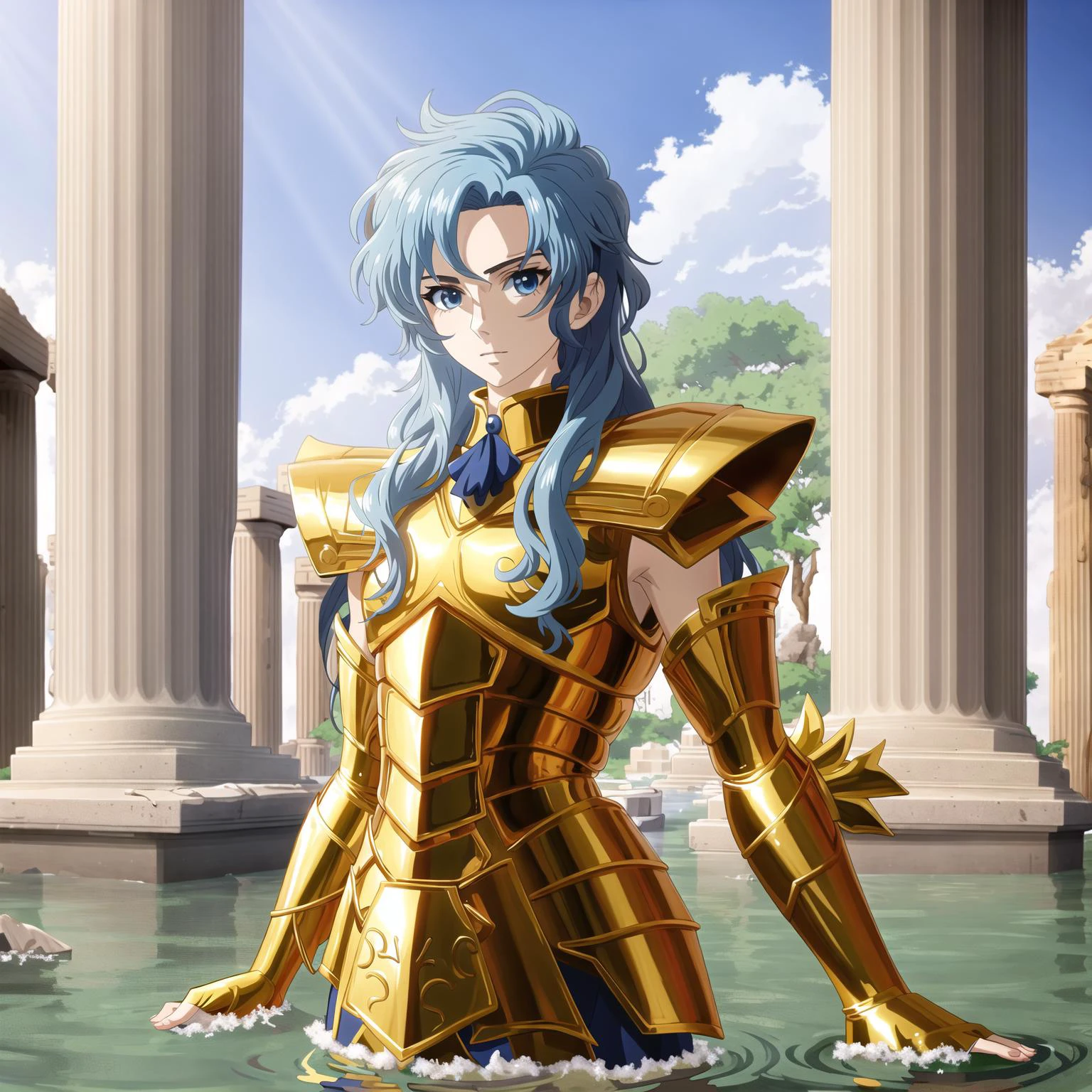 <lora:PiscesArmor:0.7>, masterpiece, best quality, masterpiece, detailed face, detailed eyes, full body, Timothe Chalamet wearing golden armor, long blue hair, flooded greek temple ruins , ((anime))
