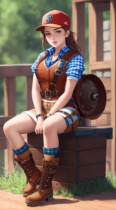 tiktok girl, (full_body_shot:1.3) (sitting:1.2) brown_hair , baseball_hat , steampunk , blue plaid,straps , intricate as a jockey, as construction worker , on ramparts , jewelry, (full_body:1.4), (realistic:1.4), masterpiece, high quality, realistic lighting, center of frame, 8k, hdr, amateur, (freckles:1.1)