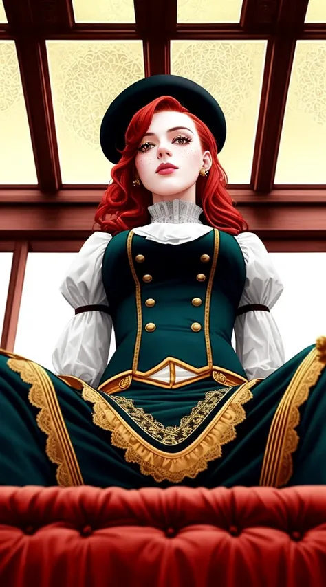 tiktok girl, (from_below:1.3) (sitting:1.2) redhead , tophat , victorian era , yellow lace_trim,straps , intricate military uniform , in watchtower, lookout tower , jewelry, (full_body:1.4), (realistic:1.4), masterpiece, high quality, realistic lighting, center of frame, 8k, hdr, amateur, (freckles:0.90)