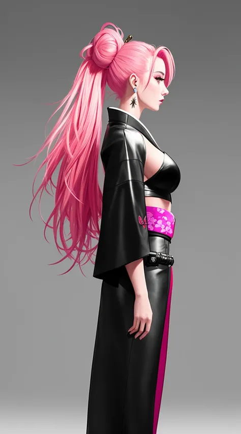 tiktok girl, (from_side:1.3) (standing:1.2) pink_hair , bun , 2000s , black leather,straps , intricate kimono , (in zero-gravity) , jewelry, (full_body:1.4), (realistic:1.4), masterpiece, high quality, realistic lighting, center of frame, 8k, hdr, amateur, face scar