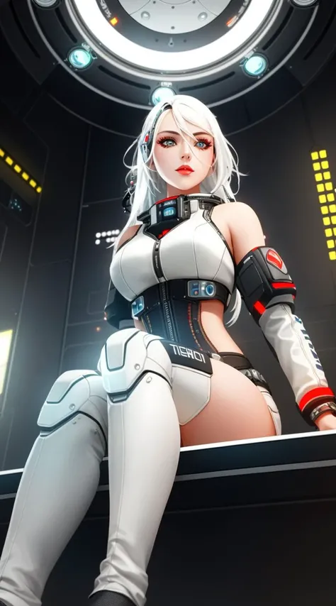 tiktok girl, (from_below:1.3) (sitting:1.2) white_hair , baseball_hat , cyberpunk , brown lace_trim,leather , intricate cybernetic sci-fi suit , (in zero-gravity) , jewelry, (full_body:1.4), (realistic:1.4), masterpiece, high quality, realistic lighting, center of frame, 8k, hdr, amateur, (freckles:0.89)