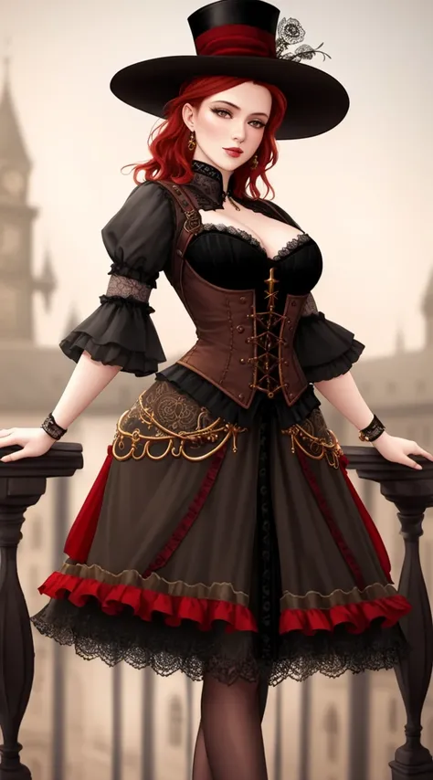 tiktok girl, (from_below:1.3) (crossed_ankles:1.2) redhead , hat , steampunk , black lace_trim,lace_trim , intricate as lumberer , in fantasy carriage , jewelry, (full_body:1.4), (realistic:1.4), masterpiece, high quality, realistic lighting, center of frame, 8k, hdr, amateur, (freckles:0.87)